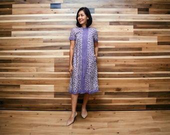 Purple spring summer dress with simple A-line model made of hand drawn batik fabric with pocket for casual or formal party events