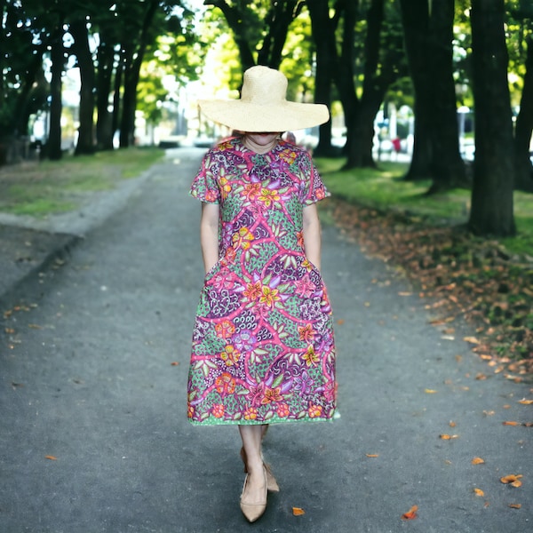 Spring Summer formal chic floral dress in green pink yellow with hand drawn fabric made from cotton that is cool to wear in hot weather