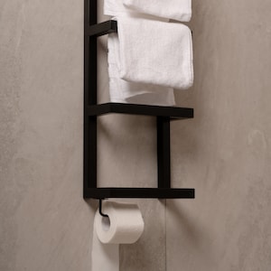 トイレットペーパーホルダー ラダーシェルフ付き バスルームシェルフ収納装飾 モダンミニマリストフローティングシェルフ ハンドメイドの素朴なトイレ上スタンド