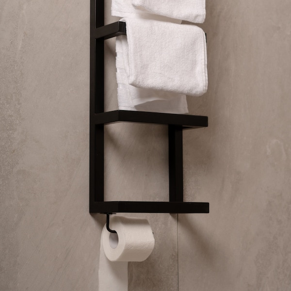 Toiletrolhouder met ladderplank, badkamerplanken opslagdecor, moderne minimalistische zwevende plank, handgemaakte rustieke over toiletstandaard