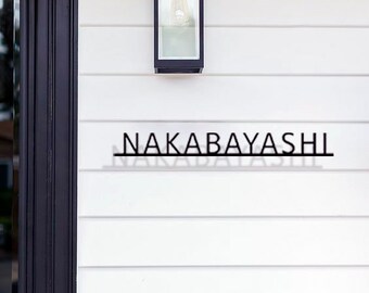 May include: A black metal house number sign with the name "NAKABAYASHI" on a white clapboard siding with a black light fixture above.