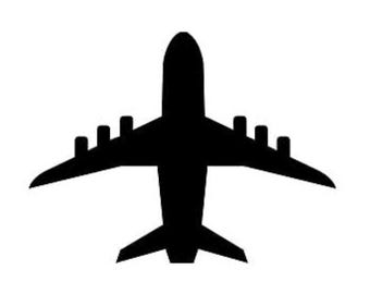 May include: A solid black silhouette of a commercial airplane viewed from directly above. The aircraft features a central fuselage, two wings with four visible engine pods, and a tail section with horizontal stabilizers.