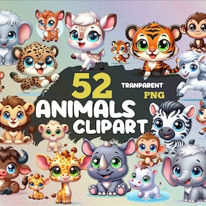 safari fofos animais bebês clipart, 52 pacote png de aventura na selva, presentes de aniversário fascinantes de animais da floresta, decoração fofa de berçário de chá de bebê