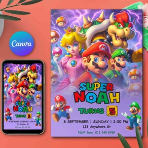 invitation modifiable de mario bros, invitation d'anniversaire de Super Mario, invitation de garçon de super frères, jeu vidéo, invitation d'enfant, modèle de toile modifiable