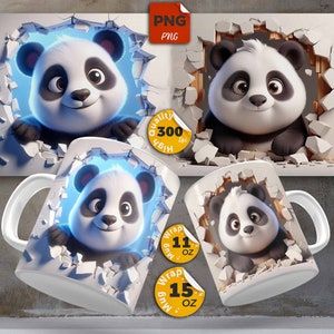 Diseño de sublimación de taza 3D, 3D Baby Panda Hole en envoltura de taza de pared, lindo diseño de taza Panda, plantilla de taza de 11 oz 15 oz, envoltura de taza llamativa
