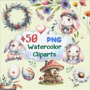Lot de cliparts aquarelle, mignon bébé lapin PNG, clipart aquarelle lapin, graphismes vintage de décoration de bébé, maisons aux champignons pour les enfants