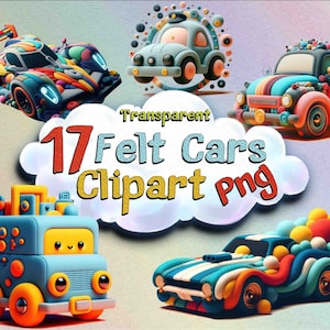 pacote de clipart de carros de feltro, 17 carros de fundo transparente, carro fofo para cartão de convite, PNG legal para presentes de aniversário, veículo pesado para meninos