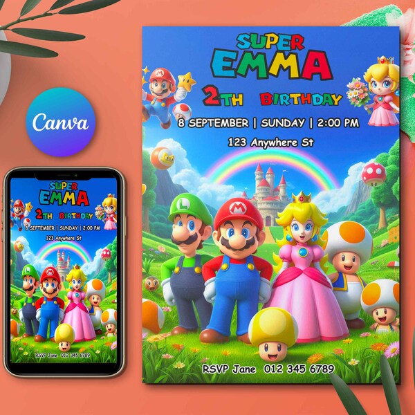 Editable Birthday Invitation Digital, Super Mario Birthday Template ...