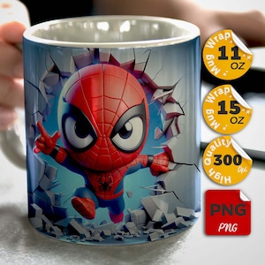 Envoltura de taza de bebé Spiderman, taza única de superhéroe para niños, envoltura de sublimación de taza de 11 oz y 15 oz, envoltura de taza completa para niños, linda taza de sublimación de héroe