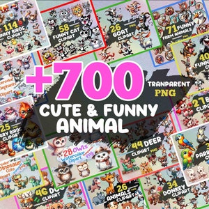 Animaux originaux Mega Bundle, clipart png de mignons animaux aquarelles, 700 cliparts lunatiques PNG drôles, chien, chat, ferme, animaux de la forêt, oiseaux