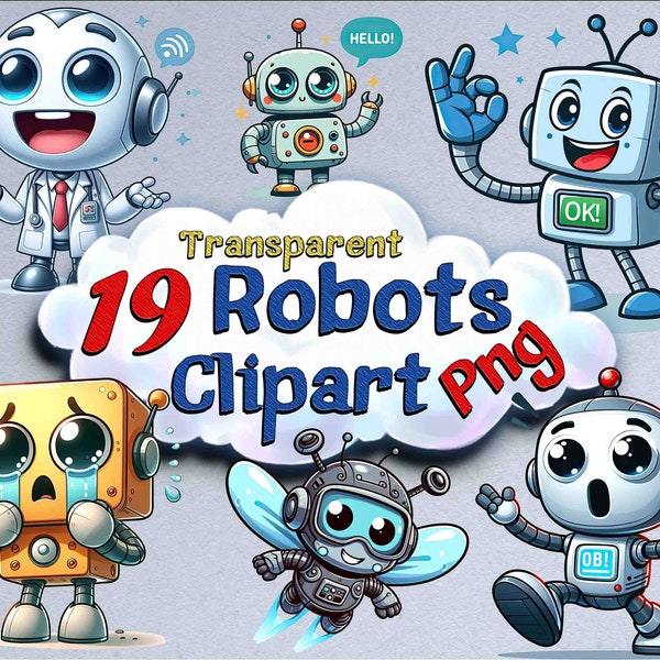 cute robot clipart, 19 transparent background robots, png clip art, mechanical robot graphics, instant digital download