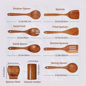 May include: A set of wooden kitchen utensils, including a strainer spoon, spatula, salad fork, fried spatula, salad spoon, slotted spatula, mixing spoon, a spoons rest, and a utensil holder. Measurements are in inches and centimetres.