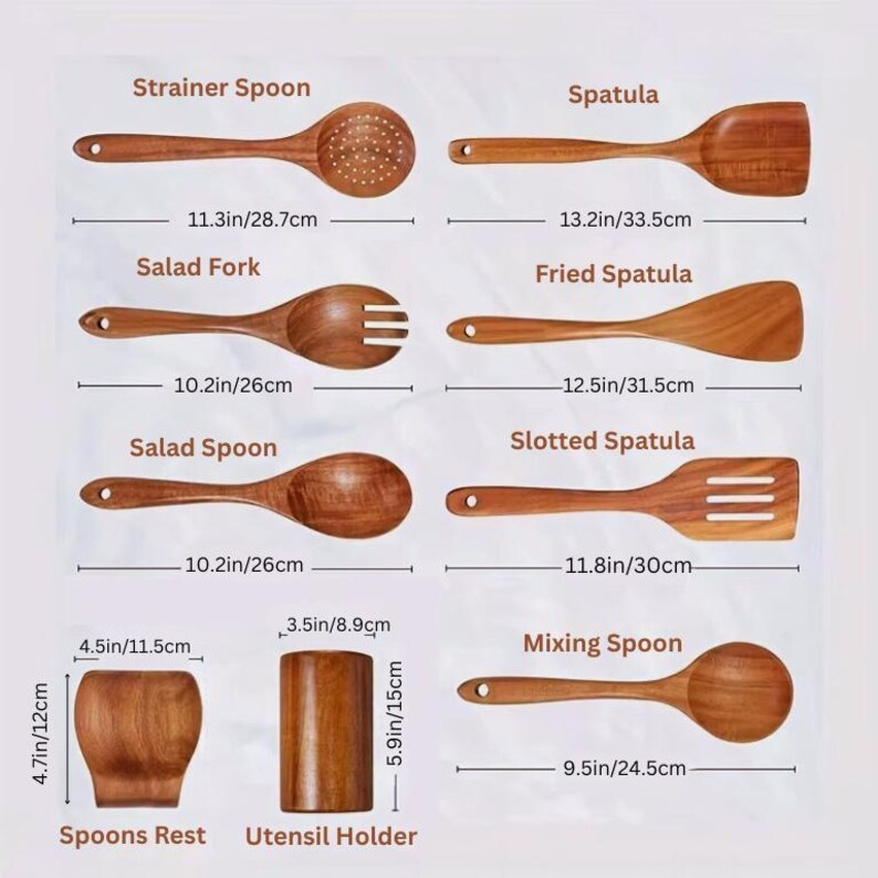 May include: A set of wooden kitchen utensils, including a strainer spoon, spatula, salad fork, fried spatula, salad spoon, slotted spatula, mixing spoon, a spoons rest, and a utensil holder. Measurements are in inches and centimetres.