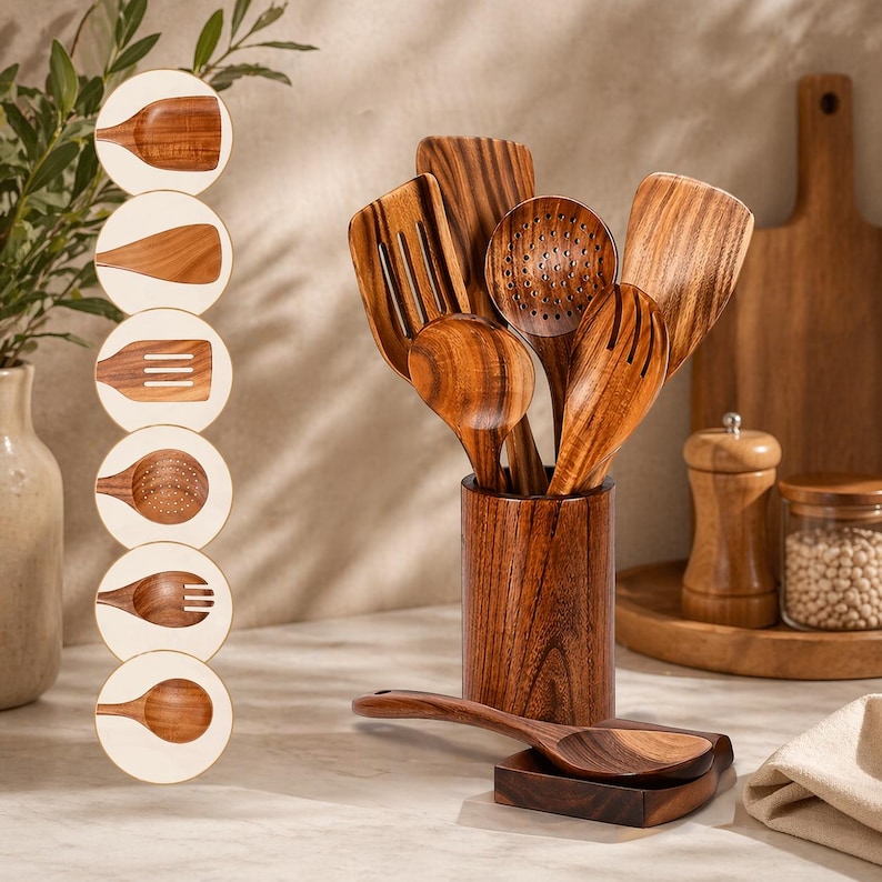 May include: A set of wooden kitchen utensils, including spoons, spatulas, and slotted tools, presented in a wooden holder. A spoon rest and a wooden chopping board are in the background. The utensils are made of light brown wood.