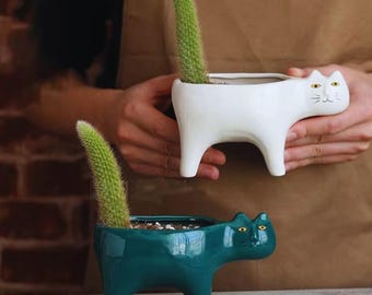 Cat Ceramic Flower Pot | Succulent & Cactus Planter | Animal Plant Pot | Tabletop Garden Decor Gift
