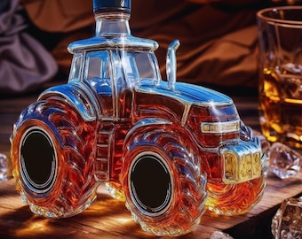 Dekanter do whisky Tractor 300 ml – szklana butelka Bourbon & Brandy, prezent barmański w stylu ciągnika rolniczego