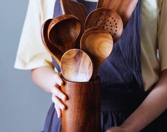 Teak Wooden Kitchen Utensils Set – Natural Wood Cooking Spoons, Spatula, Colander with Holder
