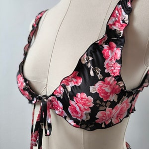 Floral satin lingerie, Sexy underwear, Satin bralette and silk panty, Black and red sissy lingerie set, Romantic lingerie, Gift for wife