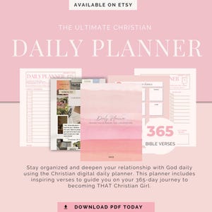 Puede incluir: Un planificador diario digital rosa y blanco con el texto "The Ultimate Christian Daily Planner" y "365 Bible Verses". El planificador incluye versículos inspiradores para guiarte en tu viaje de 365 días.