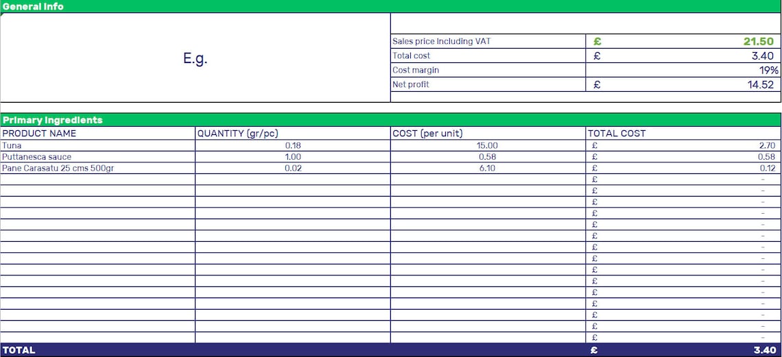 Menu Costing Easy to Use Excel Template Etsy
