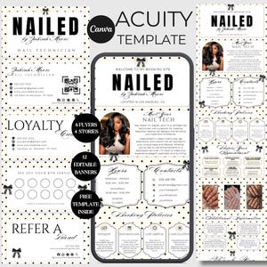 May include: A digital marketing template set for a nail technician featuring a black and white polka dot theme with bow accents. The design includes layouts for booking sites, loyalty cards, flyers, and banners with text like NAILED.