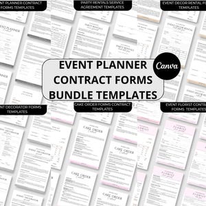 May include: A selection of event planning contract forms and templates. The forms include event planner, party rentals, event decor, cake order, and florist contracts. The templates are in black and white with pink accents.