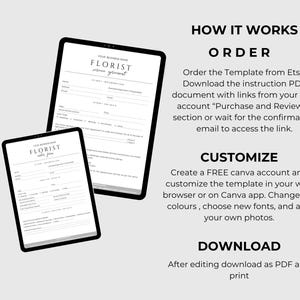 May include: Two black tablets display a florist order form template. The text "FLORIST" is at the top of the form. Instructions on how to order, customize, and download the template are on the right side.