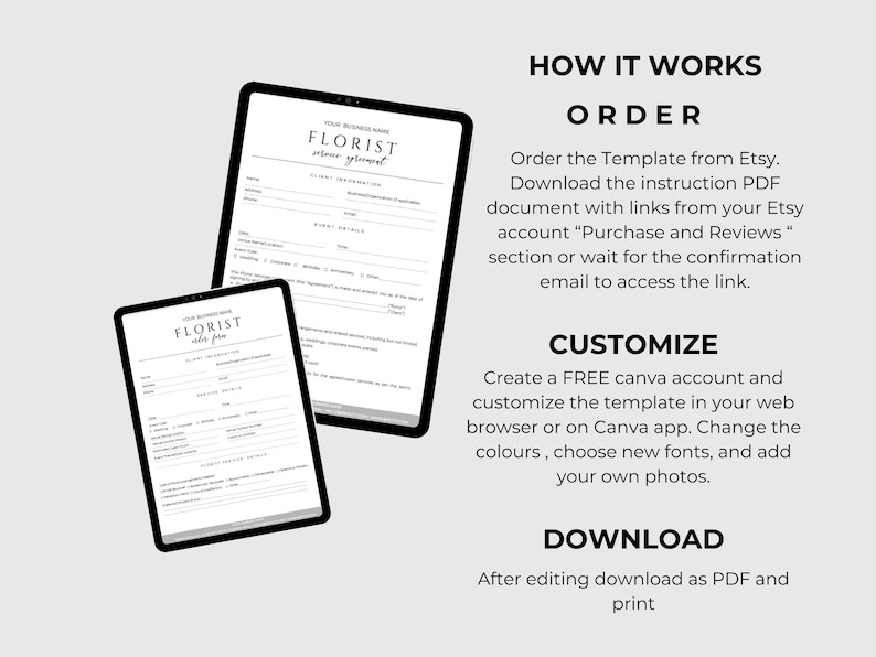 May include: Two black tablets display a florist order form template. The text "FLORIST" is at the top of the form. Instructions on how to order, customize, and download the template are on the right side.