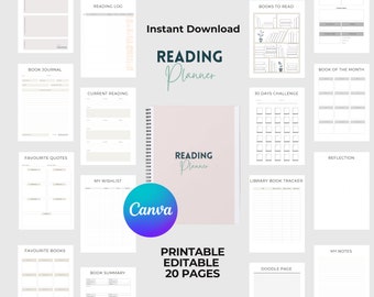 Planificador de lectura de libros imprimible Registro de lectura digital Rastreador de lectura Planificador de lectura de libros digitales Diario de lectura Reseña de libros Descarga instantánea