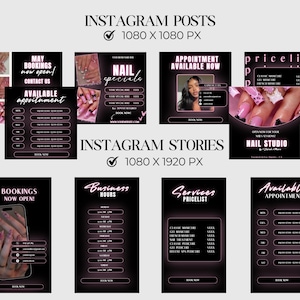 Puede incluir: Un conjunto de plantillas de publicaciones e historias de Instagram para un estudio de u&ntilde;as, con un esquema de color negro y rosa. Las publicaciones incluyen texto como "Ofertas de u&ntilde;as", "Cita disponible ahora" y una lista de precios. Las historias muestran horarios y reservas.