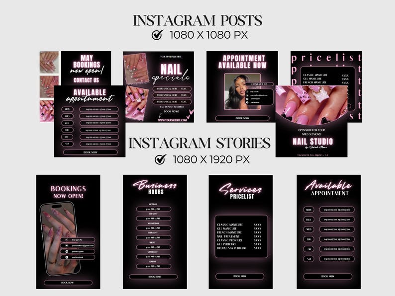 Puede incluir: Un conjunto de plantillas de publicaciones e historias de Instagram para un estudio de u&ntilde;as, con un esquema de color negro y rosa. Las publicaciones incluyen texto como "Ofertas de u&ntilde;as", "Cita disponible ahora" y una lista de precios. Las historias muestran horarios y reservas.