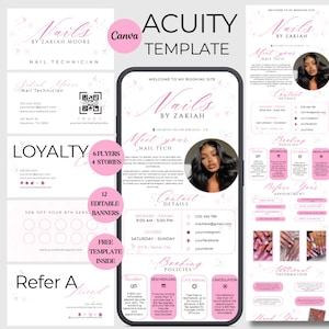 Puede incluir: Una plantilla de Canva rosa y blanca para una técnico de uñas, con el texto "Nails by Zakiah Moore" y una maqueta de teléfono con información de reservas. Incluye folletos, banners y datos de contacto.