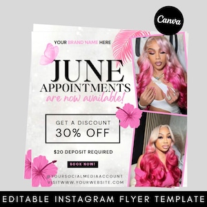 Könnte beinhalten: Rosa und weißes Instagram-Flyer-Template mit dem Text „JUNE APPOINTMENTS are now available!“ und „GET A DISCOUNT 30% OFF“. Enthält Bilder einer Frau mit rosa Haaren. Enthält Social-Media-Konto- und Website-Informationen.