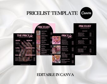 Black Pink Nail Pricelist  Beauty Price List Template  Salon Service Menu for Lash Nail Hair Makeup Printable Pricing Guide Editable Canva