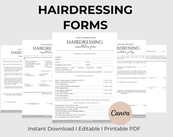 May include: A collection of printable hairdressing forms, including consultation and cancellation policy documents. The forms are in black text on a white background, with the words "HAIRDRESSING FORMS" at the top. The forms are designed for hair salons.
