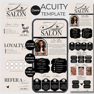 May include: A digital Canva Acuity template set for a nail salon, featuring a mobile phone interface display, loyalty cards, and flyers. The design uses a black and beige colour scheme with elegant typography, including sections for hours, contact info, booking policies, and a client gallery.