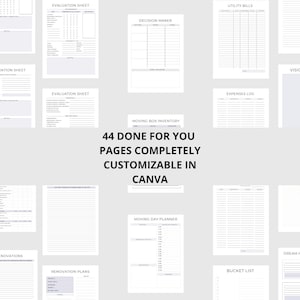 Puede incluir: Una colecci&oacute;n de p&aacute;ginas de planificador imprimibles en un estilo minimalista. Las p&aacute;ginas incluyen hojas de evaluaci&oacute;n, un tomador de decisiones, facturas de servicios p&uacute;blicos, un registro de gastos, un tablero de visi&oacute;n y m&aacute;s. El texto en la imagen dice: "44 P&Aacute;GINAS HECHAS PARA TI COMPLETAMENTE PERSONALIZABLES EN CANVA."