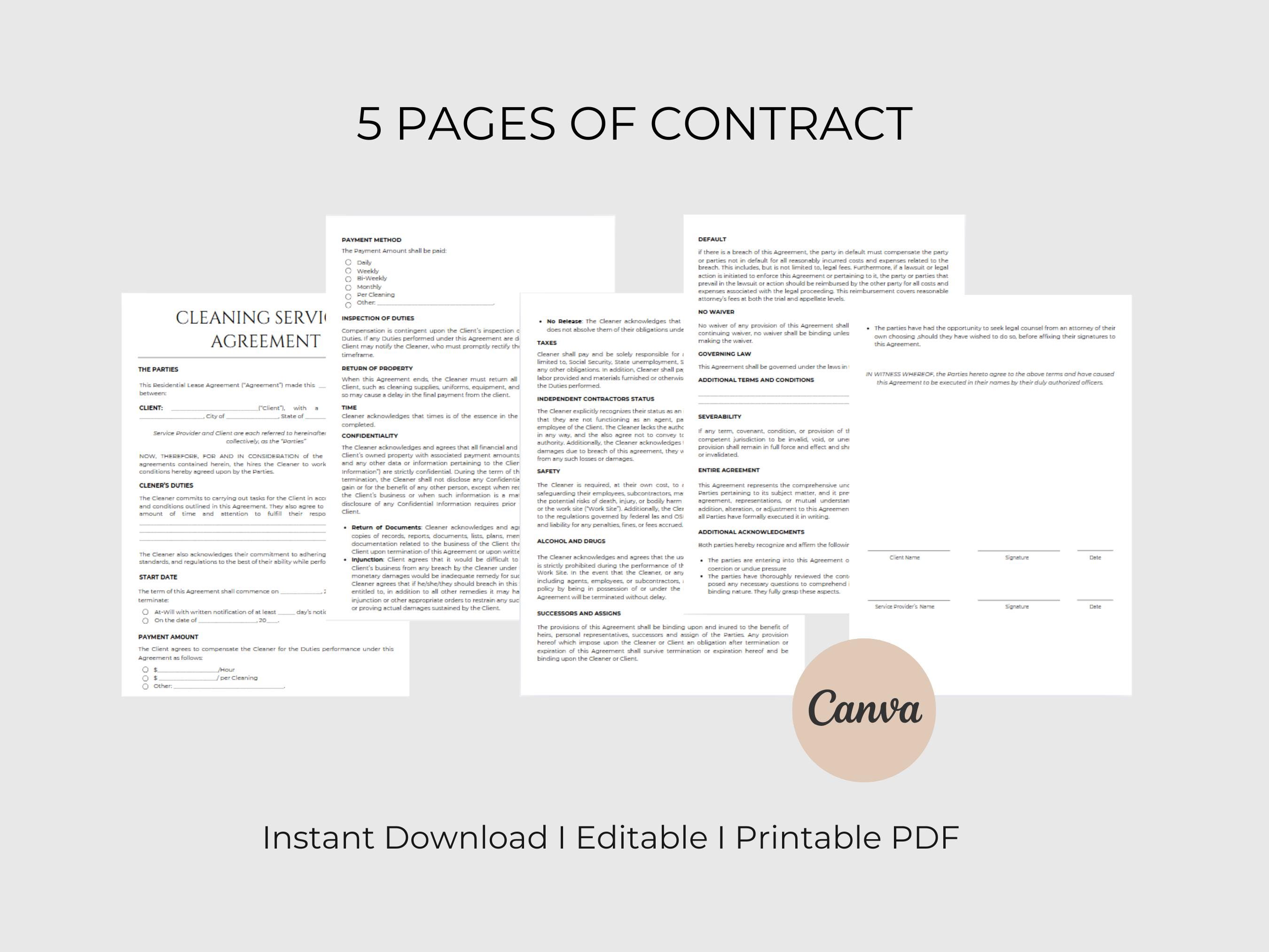 Cleaning Service Agreement Template Printable Cleaning Business Forms ...