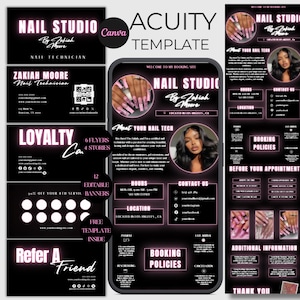May include: A black and pink nail studio template with the text "NAIL STUDIO" and "ZAKIAH MOORE Nail Technician". Includes sections for booking policies, contact information, and a loyalty program. The template is designed for use with Acuity.