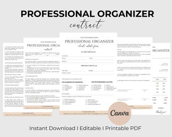 Plantilla editable de contrato de organizador profesional, formulario de admisión de clientes, acuerdo de servicio de organización, plantilla de factura, Canva editable