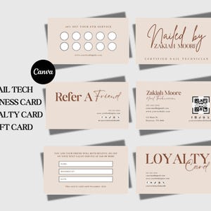 Könnte beinhalten: Eine Sammlung von Visitenkarten, Treuekarten und Geschenkkarten für Nageltechniker. Die Karten sind in einer neutralen Farbpalette mit braunem Text gehalten. Einige Karten haben ein Stempelkartendesign, andere sagen "Freund werben" und "Treuekarte".