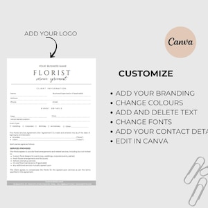 May include: A customizable florist service agreement template with the text "FLORIST service agreement". Features include adding branding, changing colors, editing text, and contact details. Includes a Canva logo and paperclips.