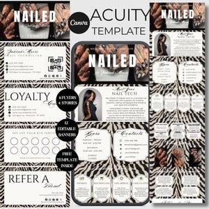 Puede incluir: Un conjunto de plantillas de marketing digital para técnicos de uñas con un fondo de estampado de cebra. La colección incluye tarjetas de visita, tarjetas de fidelidad, folletos y diseños para redes sociales con campos de texto para información.