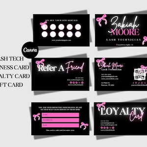 May include: A collection of black business cards with pink accents and text. The cards include a loyalty card, gift card, and referral card. The text includes "Lash Tech", "Refer a Friend", and "Loyalty Card". The cards have a modern design.