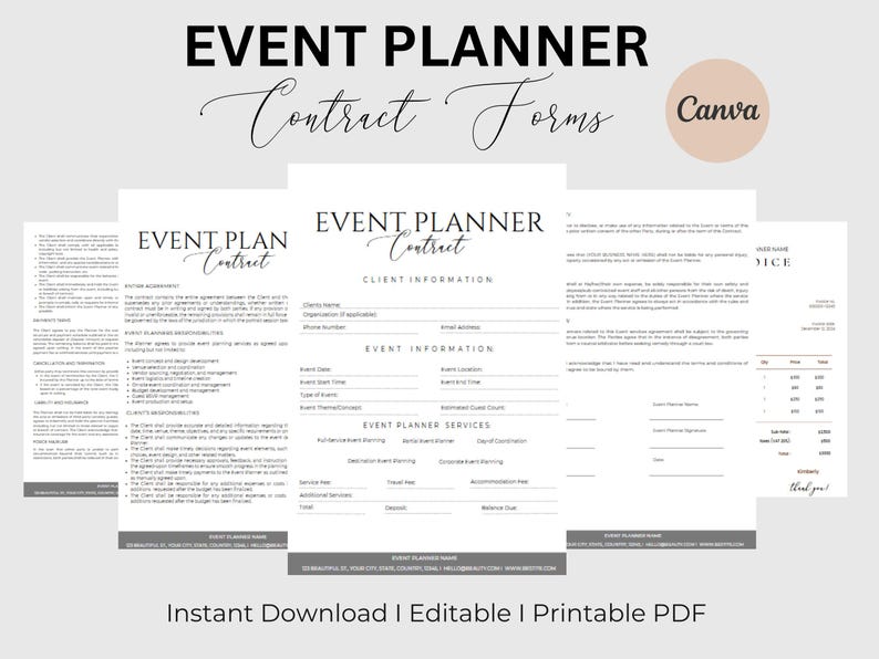 Event Planner Contract Template Event Planner Client Forms Wedding Planning Contract Event Planner Agreement Canva Template Instant Download image 1