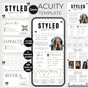 May include: A digital template set for a hair stylist booking site featuring a black and white polka dot theme with bow accents. The layout includes flyers, stories, and banners with text fields for contact details, hours, and booking policies.