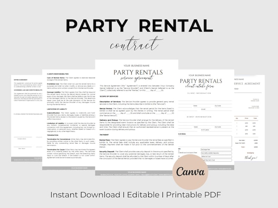 Party Rental Contract  Event Rental Agreement  Chair Rental Agreement  Tent Rental Agreement  Party Rental Waiver  Bar Rental Contract CANVA