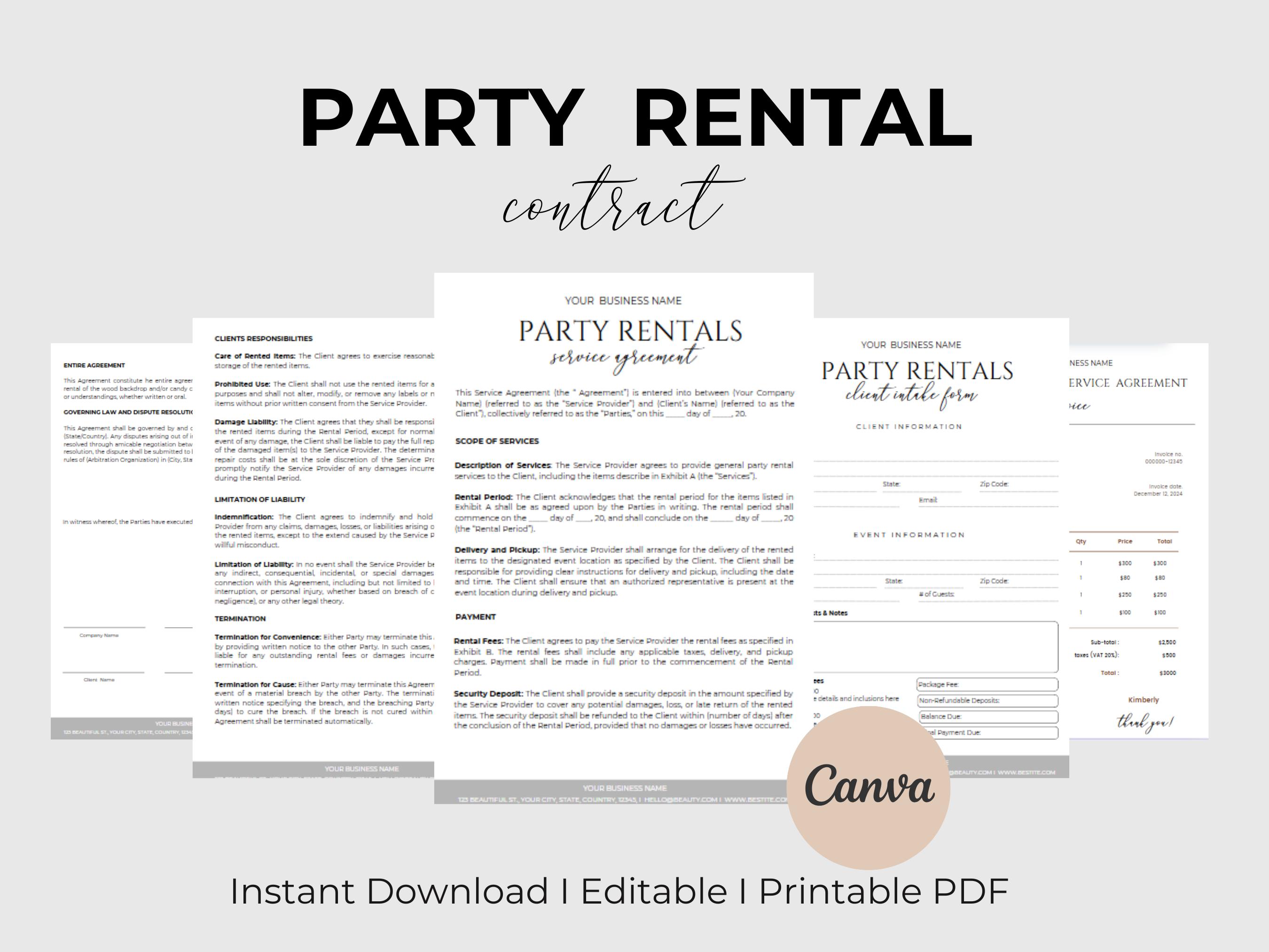 Party Rental Contract Event Rental Agreement Chair Rental Agreement ...