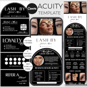 May include: A digital marketing template set for a lash technician business, featuring black and white layouts with arched headers, text fields for business hours, contact information, loyalty cards, and referral programmes, displayed on a smartphone screen.