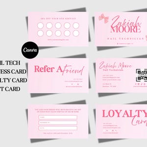 Könnte beinhalten: Eine Sammlung von pinkfarbenen Visitenkarten, Treuekarten und Geschenkkarten für Nageltechniker. Die Karten zeigen den Namen "Zakiah Moore" und enthalten eine "Freunde werben"-Karte, eine Treuekarte und eine Karte mit einem Rabatt.